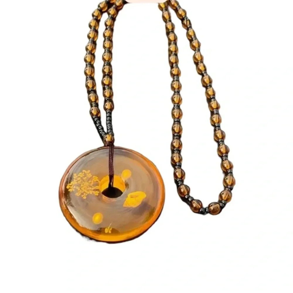 Amber Beeswax Resin Pendant Necklace Beaded Chain - Picture 2 of 4